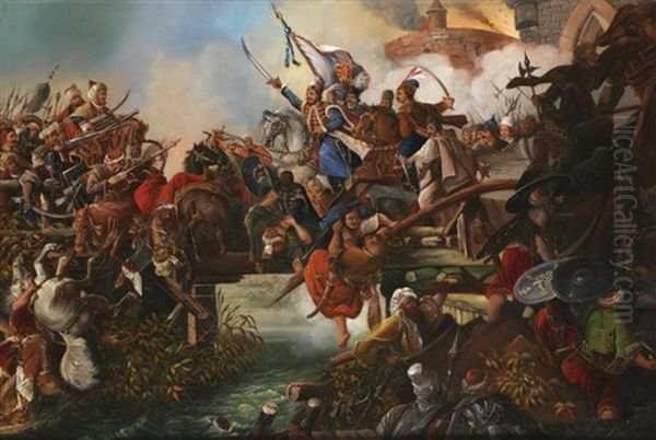 Combat Entre Ottomans Et Hongrois Oil Painting by Karoly Sterio