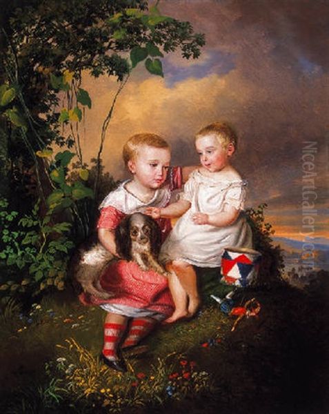 Gyermekek Kiskutyaval (children With A Puppy) Oil Painting by Karoly Sterio