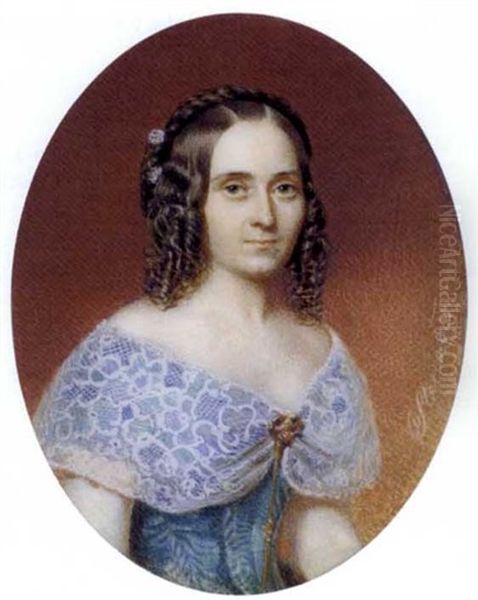 A Young Lady In Pale Blue Silk Dress, Wide Lace Stole Pinned At Corsage With Jewel-set Gold Brooch And Long Chain, White Flowers In Her Plaited Brown Hair Dressed In Ringlets Oil Painting by Karoly Sterio