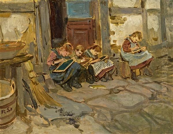 Kinder Bei Schularbeiten Oil Painting by Robert Hermann Sterl