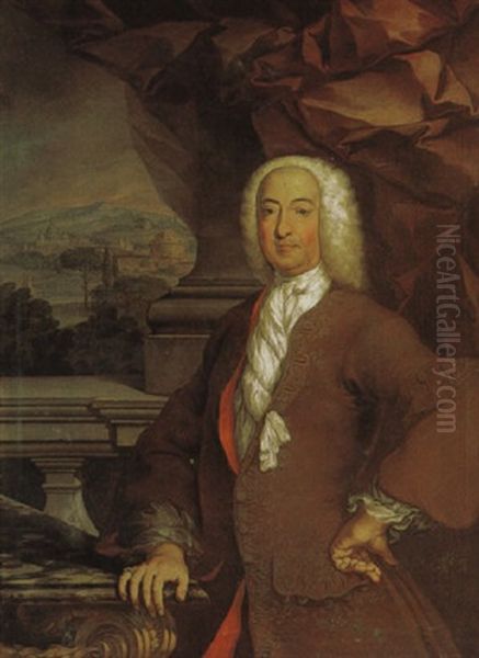 Portrait Of Richard Du Cane Wearing A Brown Embroidered Coat, His Right Hand Resting On A Table Oil Painting by Ludovico Stern