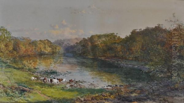 Cattle In Extensiveriver Landscape Oil Painting by Charles Brooke Branwhite