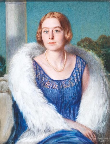 A Portrait Of A Lady In A Blue Lace Dress With A Feather Boa Oil Painting by Rudolf Sternad