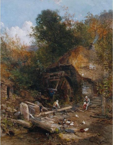 Figures Working On A Mill Wheel Oil Painting by Charles Brooke Branwhite