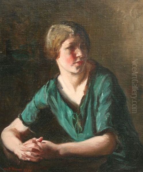 Seated Young Girl With Hands Clasped Oil Painting by Albert Edward Sterner