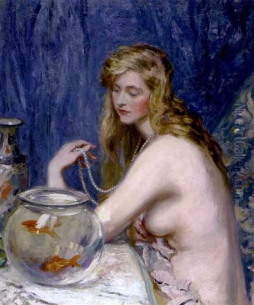 A Nude With A Goldfish Bowl Oil Painting by Albert Edward Sterner