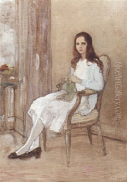 Olivia Knitting Oil Painting by Albert Edward Sterner