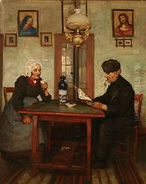 Interior With An Elderly Dutch Couple Oil Painting by Jacobus Frederik Sterre De Jong