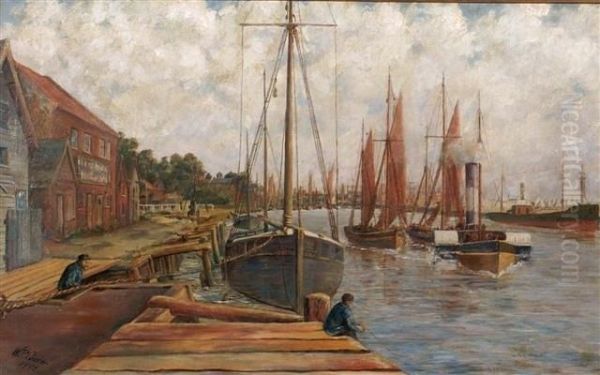 A Busy Dock Side Scene Oil Painting by Nathan Cooper Branwhite