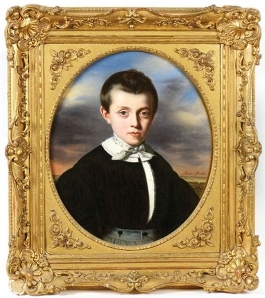 Portrait De Jeune Garcon Aux Yeux Bleus, Avec Une Cravate A Pois Bleus Et Motifs Fleuri Oil Painting by Alexandre Joseph (Baron de) Steuben