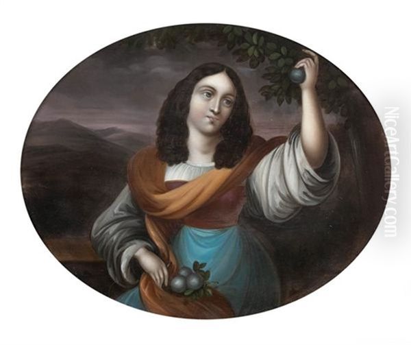 Jeune Femme Cueillant Des Prunes Oil Painting by Charles Auguste Guillaume Steuben