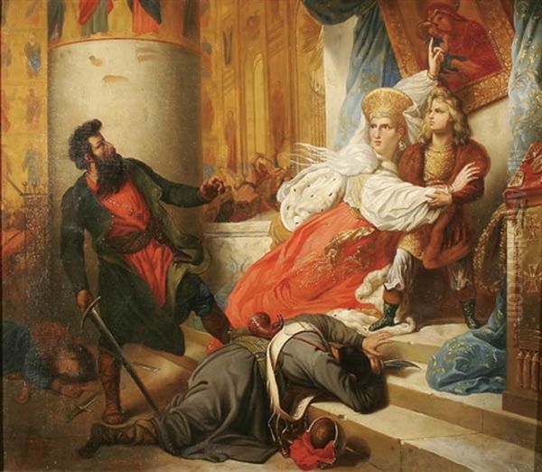 Peter The Great Being Protected From The Streltsy By His Mother Nataliya Kyrillovna Naryshkina Oil Painting by Charles Auguste Guillaume Steuben