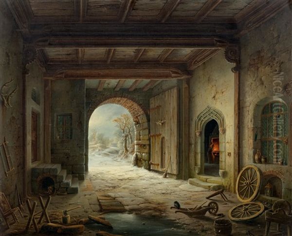 Blacksmith's Forge In Winter Oil Painting by Wilhelm Steuerwald