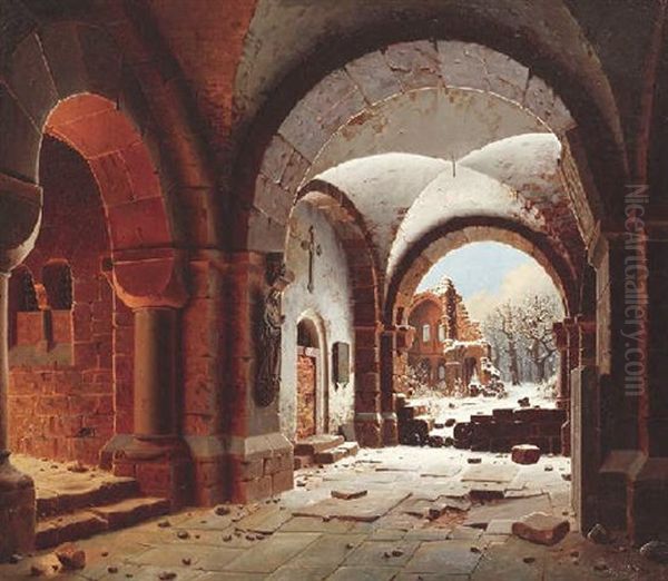 Klosterruine Heisterbach Im Schnee. Blick Durch Den Kreuzgang Auf Den Verfallenen Chorbau Oil Painting by Wilhelm Steuerwald