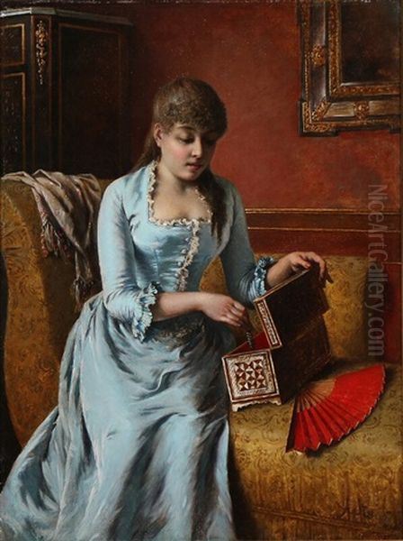 Young Girl With A Jewellery Case And A Fan Seated On A Chaise Longue Oil Painting by Agapit Stevens