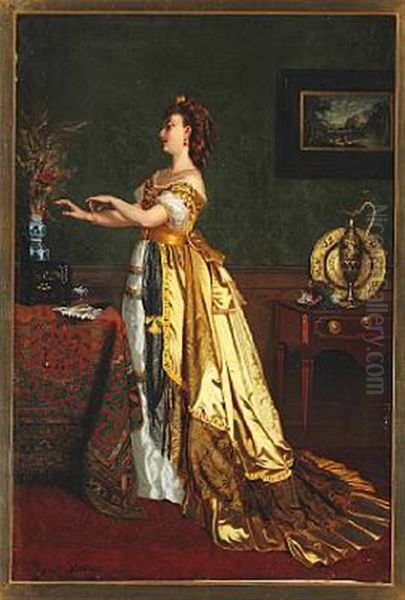 Interior With An Elegant Young Woman In A Yellow Evening Gown Oil Painting by Agapit Stevens