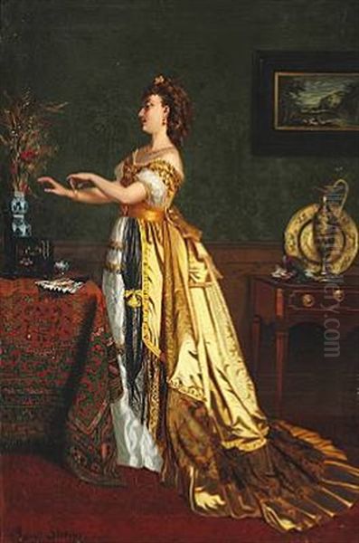 Interior With An Elegant Young Woman In A Yellow Evening Gown Oil Painting by Agapit Stevens