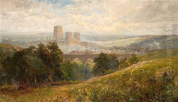 A View Of The Town Of Durham And The Cathedral With Sheep Grazing In The Foreground Oil Painting by Albert Stevens