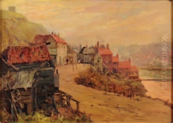 Whitby; A View To Fishermen's Cottages Over Roofs And To The Harbour And Town Beyond Oil Painting by Albert George Stevens