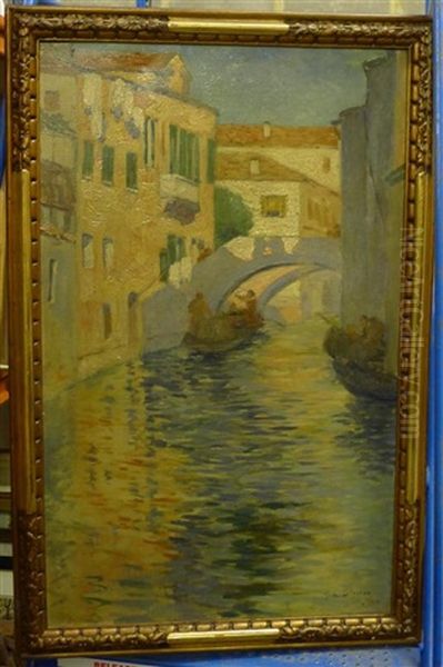 Venetian Canal Scene Oil Painting by Gustav Max Stevens