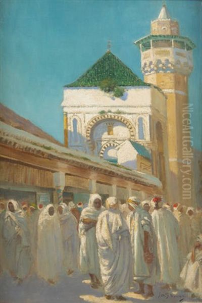 Conversation Devant La Mosquee Hammouda Pacha A Tunis Oil Painting by Gustav Max Stevens