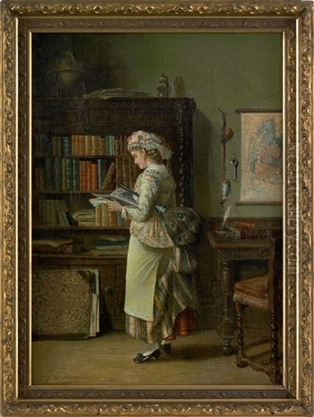 Interior Scene With A Young Woman Reading Oil Painting by John D. Stevens