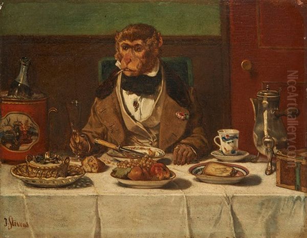 Un Repas Singe Oil Painting by Joseph (Edouard J.) Stevens