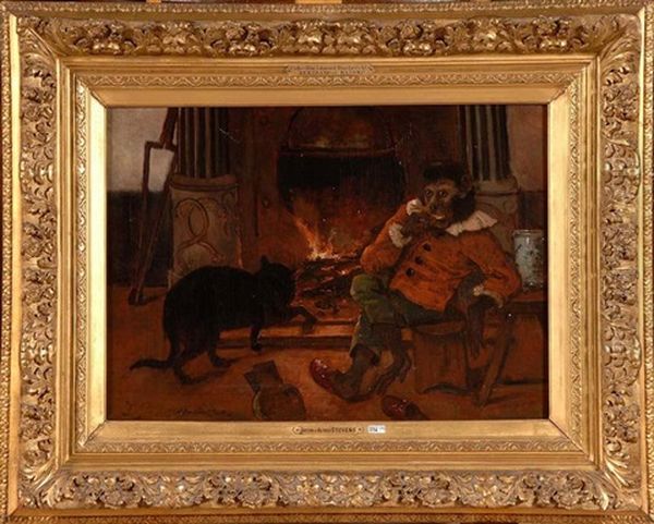 Singe Anthropomorphe Et Son Chat Devant Le Feu Oil Painting by Joseph (Edouard J.) Stevens