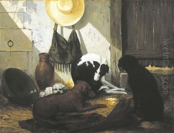 Tafereel Met Vier Honden Oil Painting by Joseph (Edouard J.) Stevens