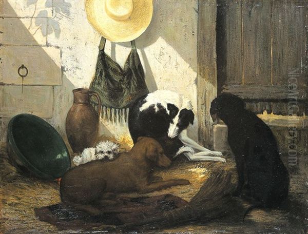 Tafereel Met Vier Honden Oil Painting by Joseph (Edouard J.) Stevens