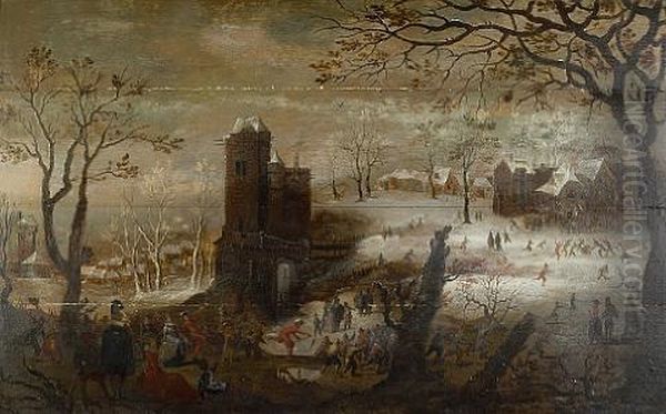 A Winter Scene With Skaters On A Frozen Canal Oil Painting by Pieter Stevens