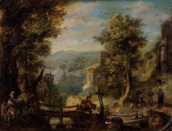 Cavalier Sur Un Pont A L'entree D'un Village Oil Painting by Pieter Stevens