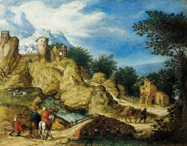 Bewaldete Gebirgslandschaft Mit Einer Burgruine Und Reitern Oil Painting by Pieter Stevens