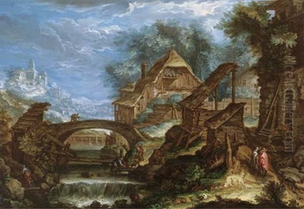 A Mountainous Landscape In Bohemia With A Capriccio Of A Fortress Oil Painting by Pieter Stevens