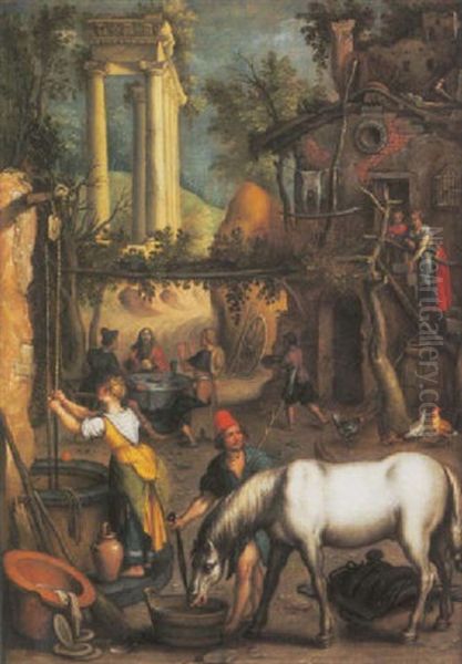 Figures At A Well, The Supper At Emmaus Beyond by Pieter Stevens