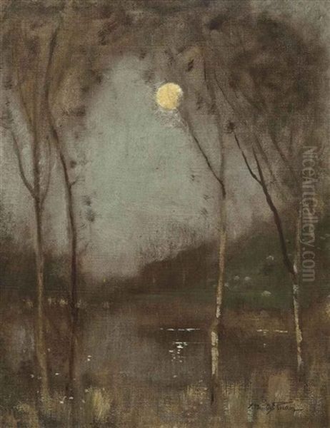 Moon Over A Lake Oil Painting by Robert Macaulay Stevenson