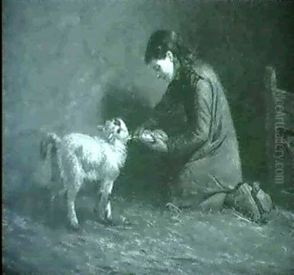 Feeding A Pet Lamb Oil Painting by William Grant Stevenson