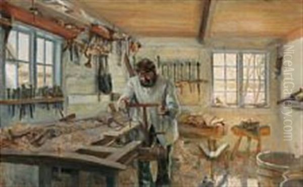 A Cooper In His Workshop Oil Painting by Niels Larsen Stevns