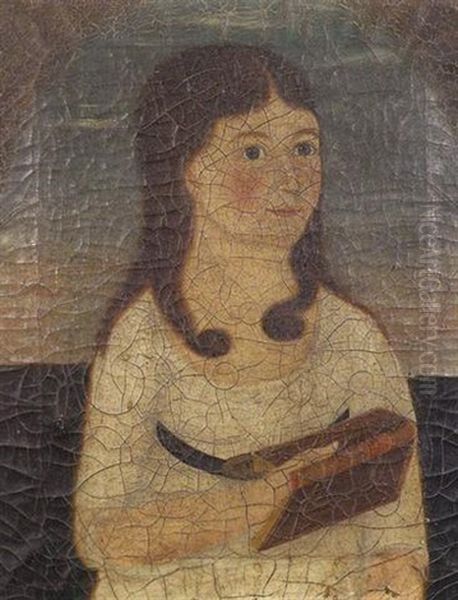 Blue-eyed Girl In White Dress With Sash, Holding A Book With Red And Brown Bindings Oil Painting by Joseph Steward