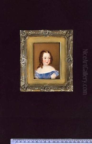 A Young Child Wearing Blue Dress With Silver Buttons, Lace Trim And Blue And White Bows On The Sleeves Oil Painting by Anthony Stewart