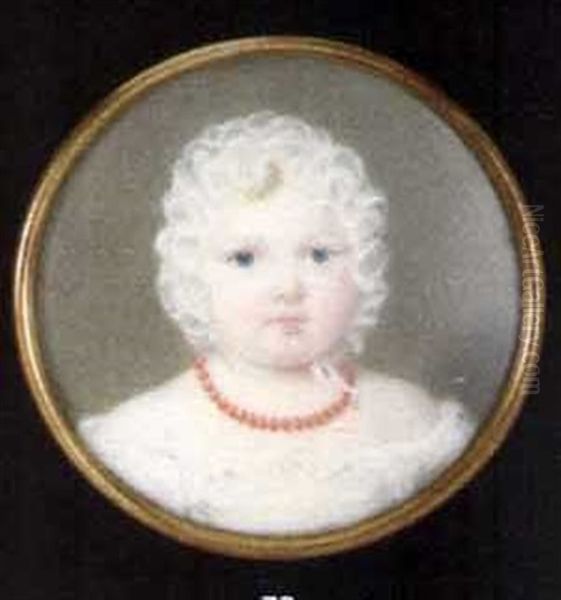 A Young Child (queen Victoria?), In Frilled White Shift And Wearing A Frilled Bonnet And Coral Necklace Oil Painting by Anthony Stewart