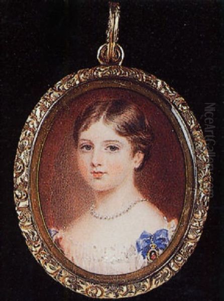 Princess Victoria Wearing A Pearl Necklace And Low-cut White Dress With Blue Ribbon Waistband Oil Painting by Anthony Stewart