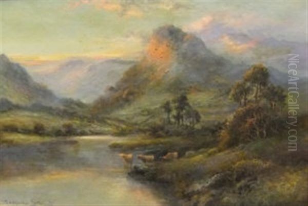 Cattle Watering In A Highland Loch At Sunset (+ Cattle Watering By A Highland Shore; Pair) by Douglas Stewart