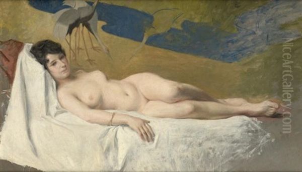 Reclining Nude By An Oriental Screen Oil Painting by Julius LeBlanc Stewart