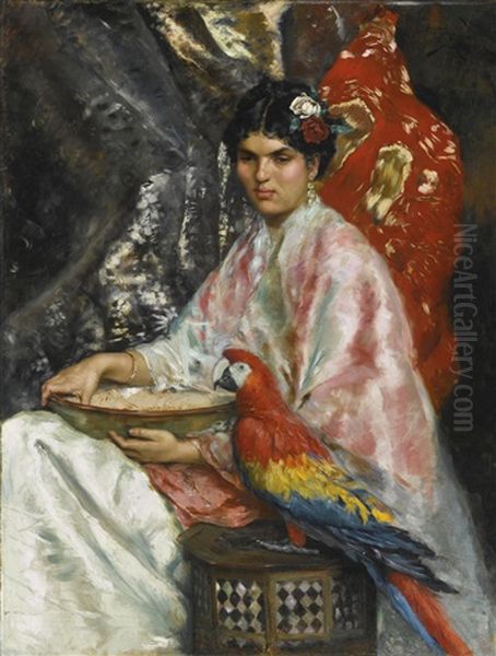 Lady With A Parrot Oil Painting by Julius LeBlanc Stewart