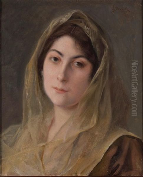 Potrait Of A Woman In A Sheer Chiffon Headdress Oil Painting by Julius LeBlanc Stewart