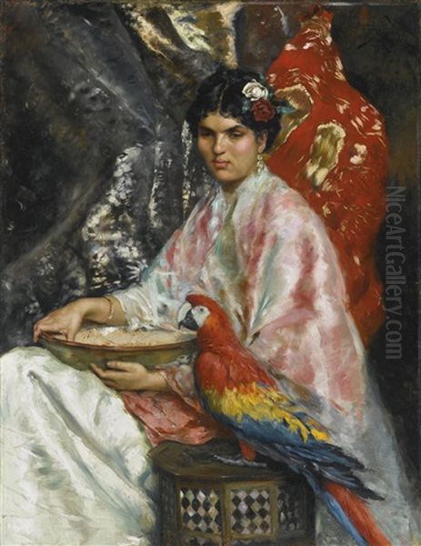 Lady With A Parrot Oil Painting by Julius LeBlanc Stewart