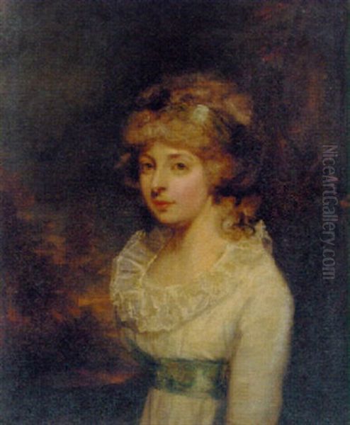 Portrait Of The Hon. Mary Wyndham Bouverie In A White Dress, In A Landscape Oil Painting by Thomas Stewart