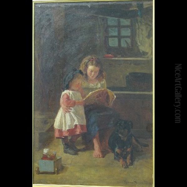 Cottage Interior With Two Children Reading A Book, A Dog Laid By Their Side Oil Painting by William Stewart