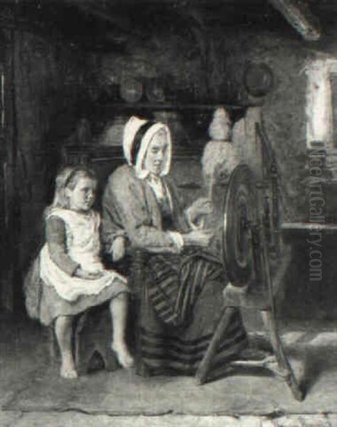 The Sun Blinks Bonny In The Build, Where Blithe I Turn My   Spinning Wheel Oil Painting by William Stewart